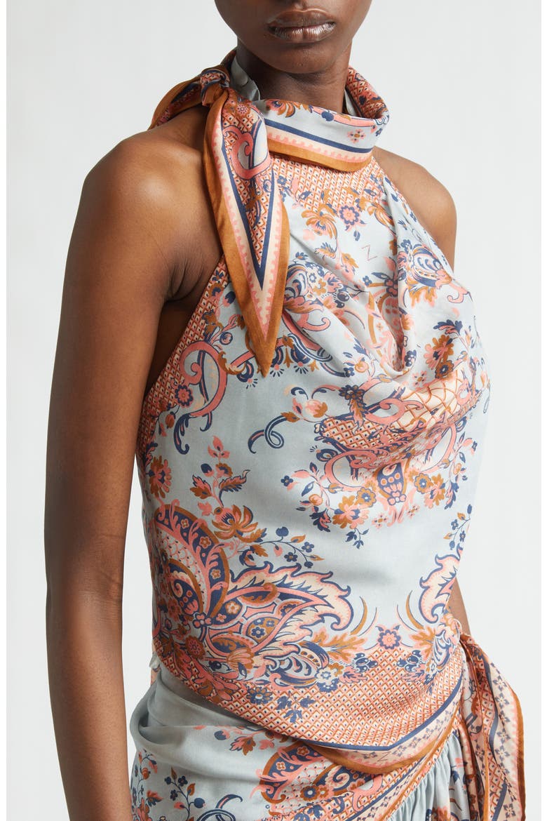 Aster Paisley Scarf Tie Silk Halter Top, Alternate, color, BLUE PAISLEY FLORAL