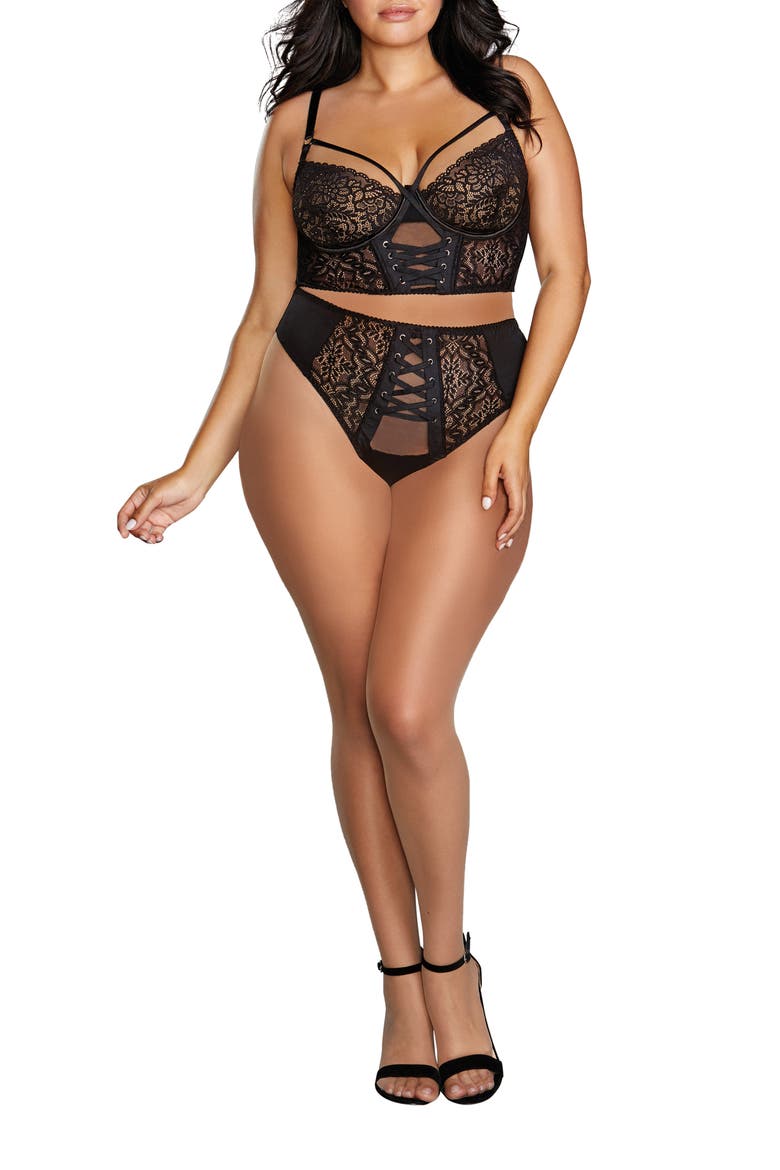 Lace-Up Underwire Bustier & High Waist Panties, Main, color, BLACK