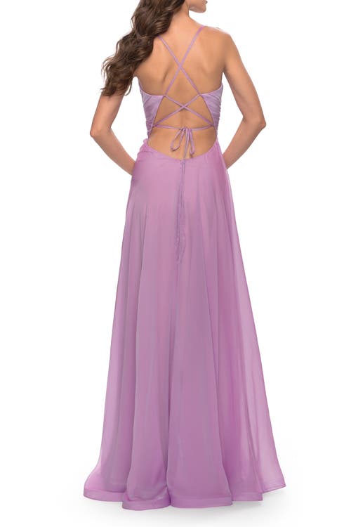 La Femme Chiffon Prom Dress With Ruched Bodice And Slit