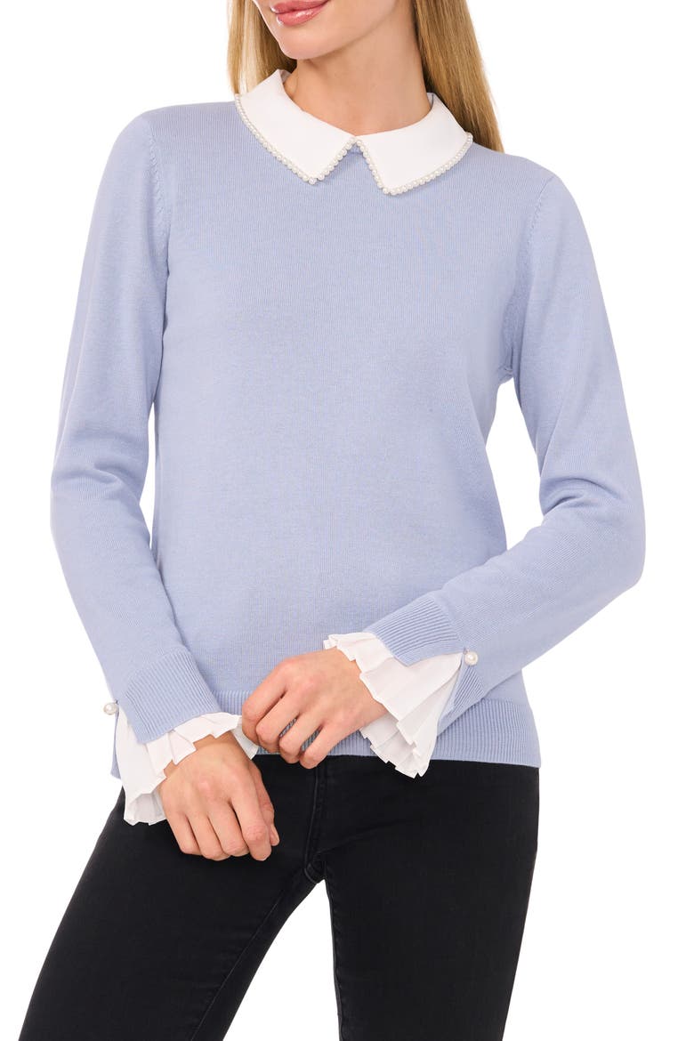 Imitation Pearl Peter Pan Collar Cotton Sweater, Main, color, SLATE BLUE 494