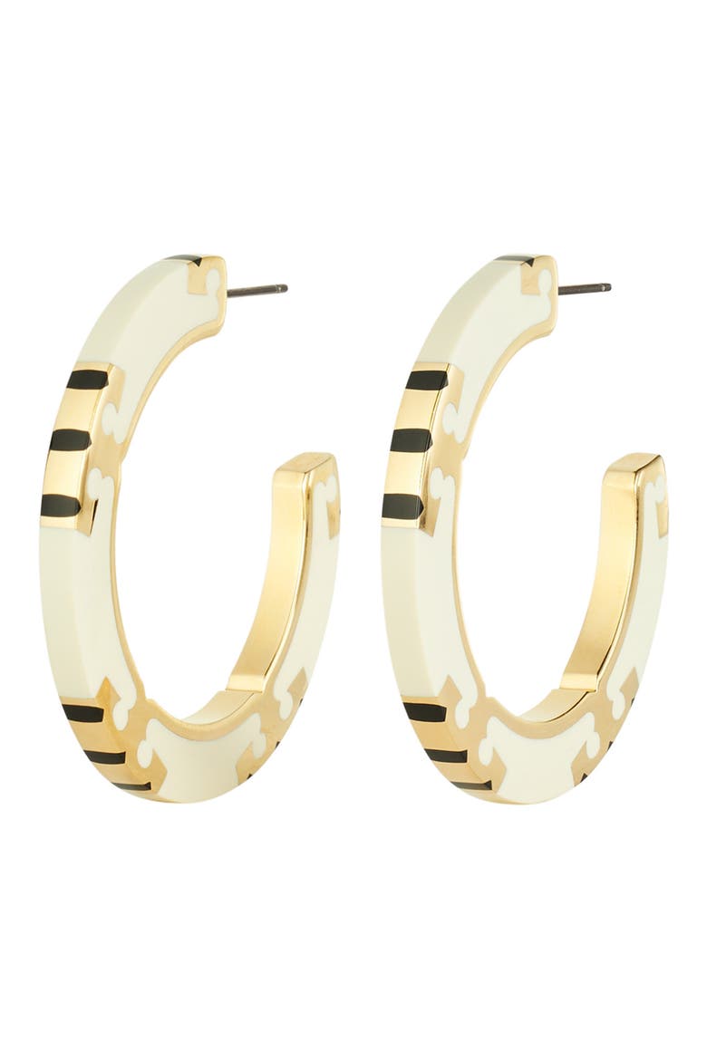 T-Stripe Hoop Earrings, Main, color, TORY GOLD / NEW IVORY / BLACK