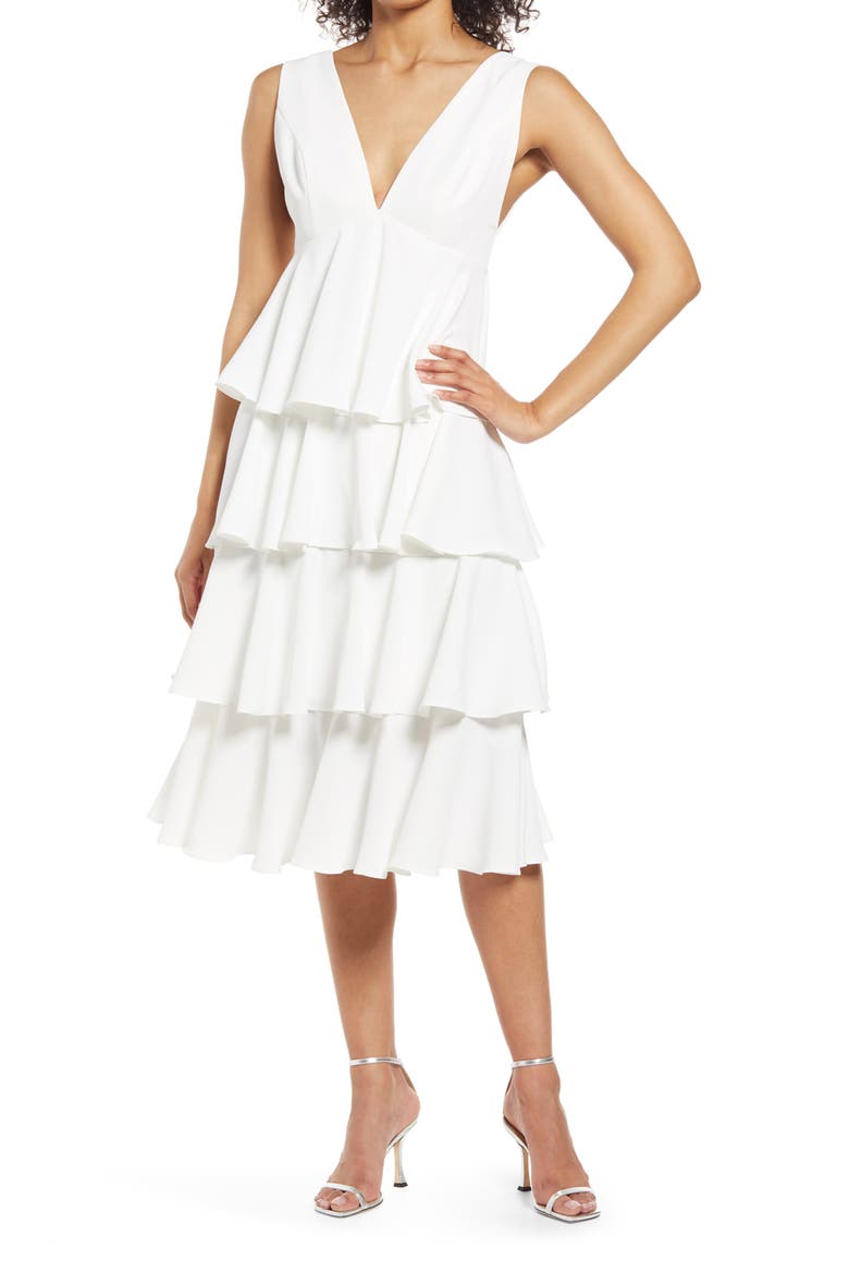 Plunge Neck Tiered Ruffle Cocktail Dress, Main, color, WHITE