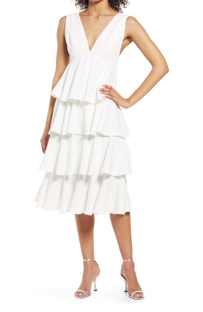 Chi Chi London Plunge Neck Tiered Ruffle Cocktail Dress, Main, color,