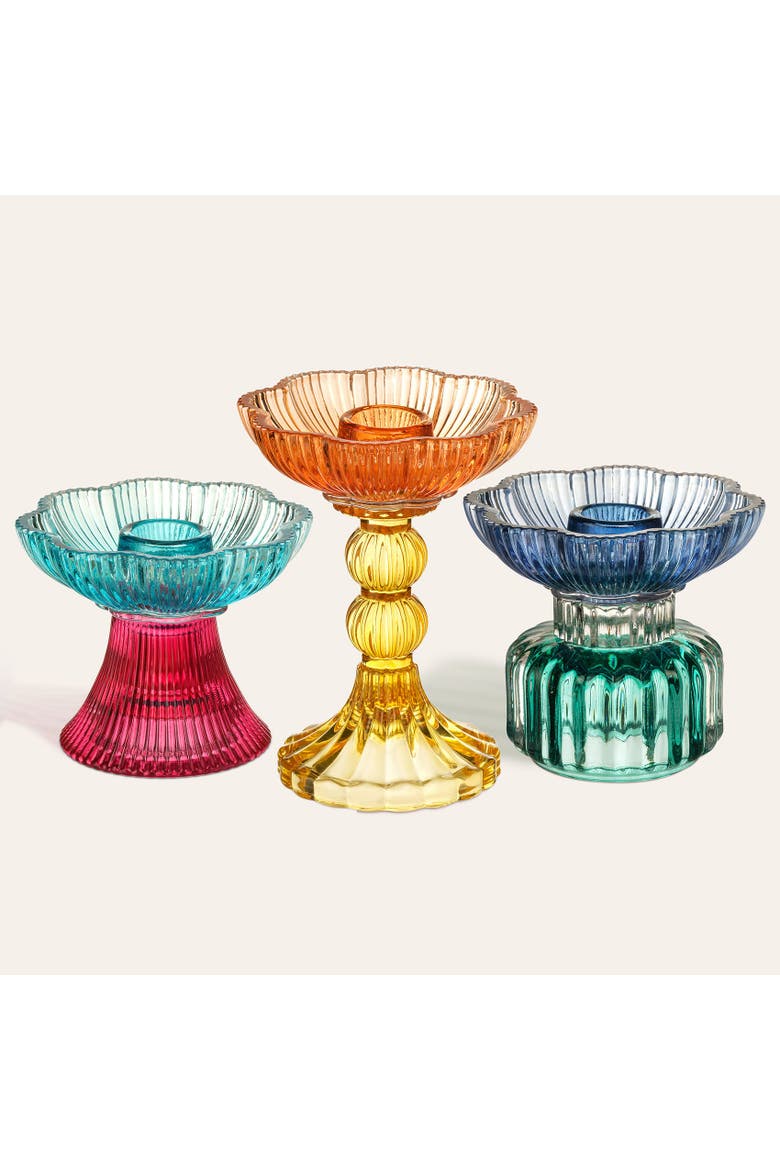 Glass Floral Type Candle Holder and Decorative Object 3 Pcs Set, Main, color, Multicolor