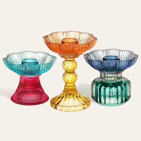 Glass Floral Type Candle Holder and Decorative Object 3 Pcs Set