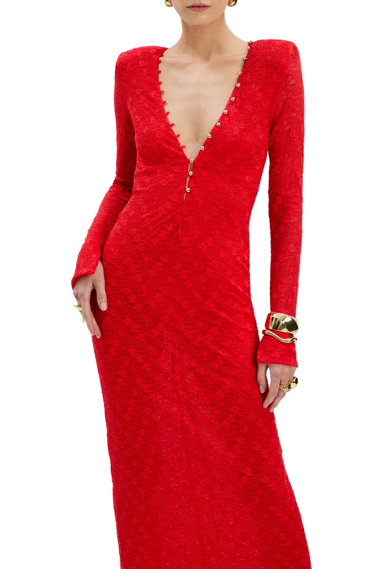 Zenia Deep V-Neck Long Sleeve Dress, Alternate, color, FIRE RED