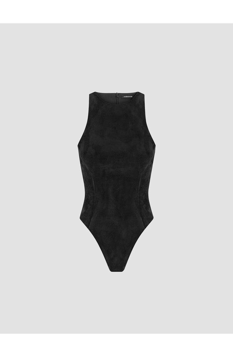 Manière De Voir Adele Suede Racer Neck Bodysuit, Alternate, color, 