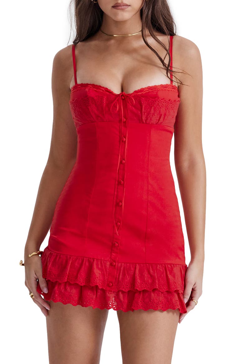 Luci Eyelet Button-Up Cotton Blend Cocktail Dress, Alternate, color, RED ROSE