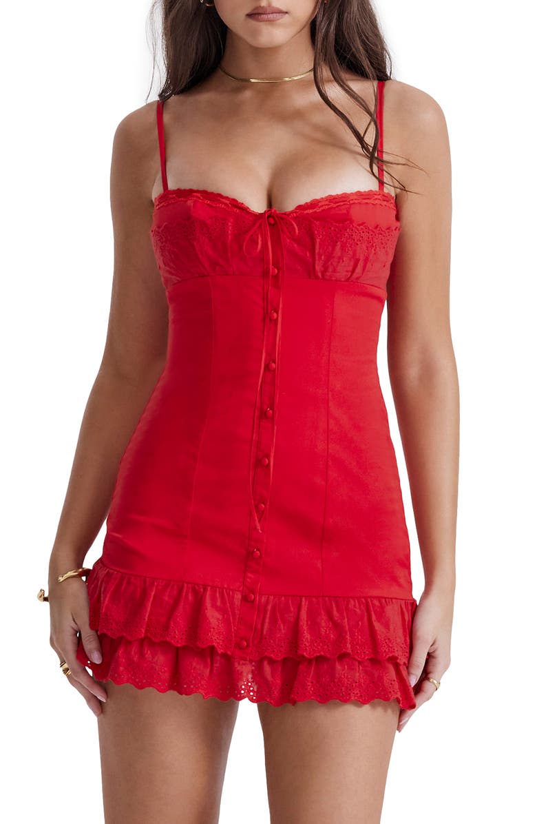 HOUSE OF CB Luci Eyelet Button-Up Cotton Blend Cocktail Dress, Alternate, color, Red Rose