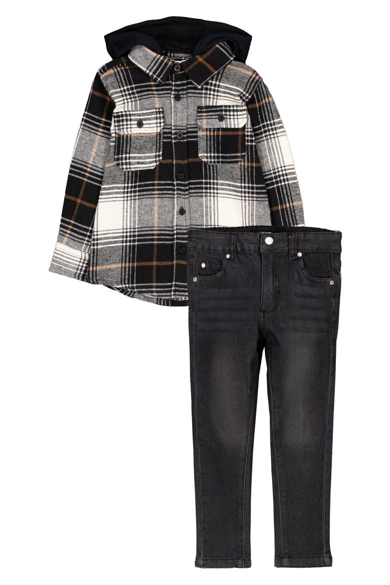 Hooded Plaid Shirt & Jeans Set, Main, color, BLACK