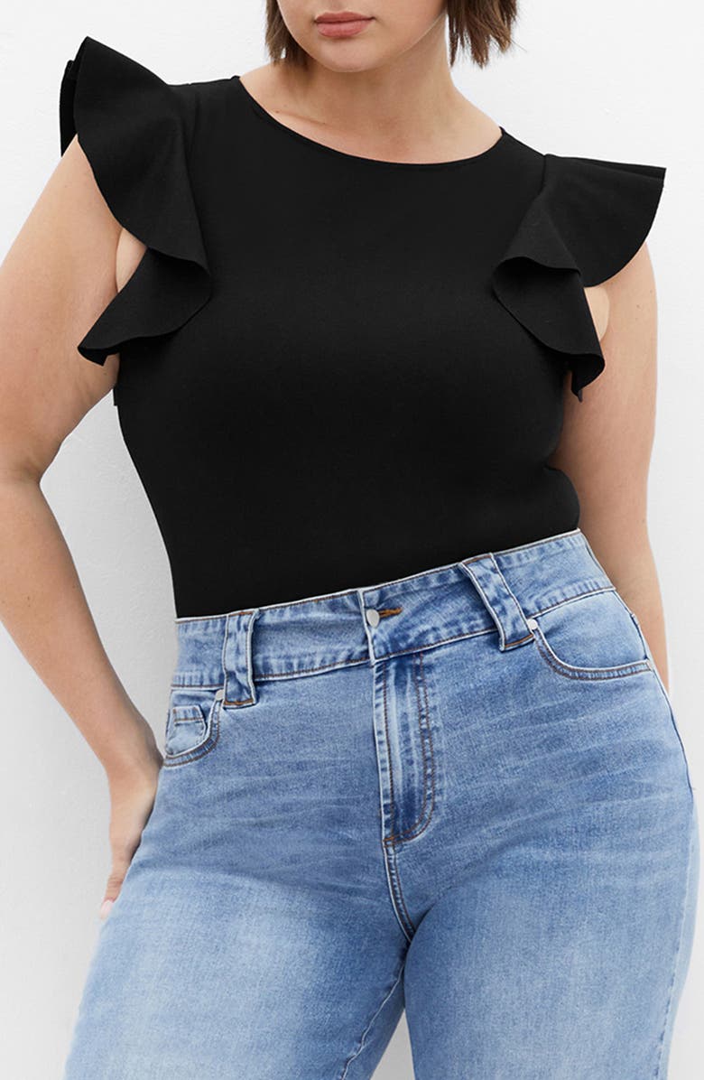 City Chic Daphne Ruffle Sleeve Bodysuit, Main, color, Black