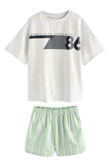 Next Kids' Cotton Graphic T-shirt & Striped Shorts Set In Green