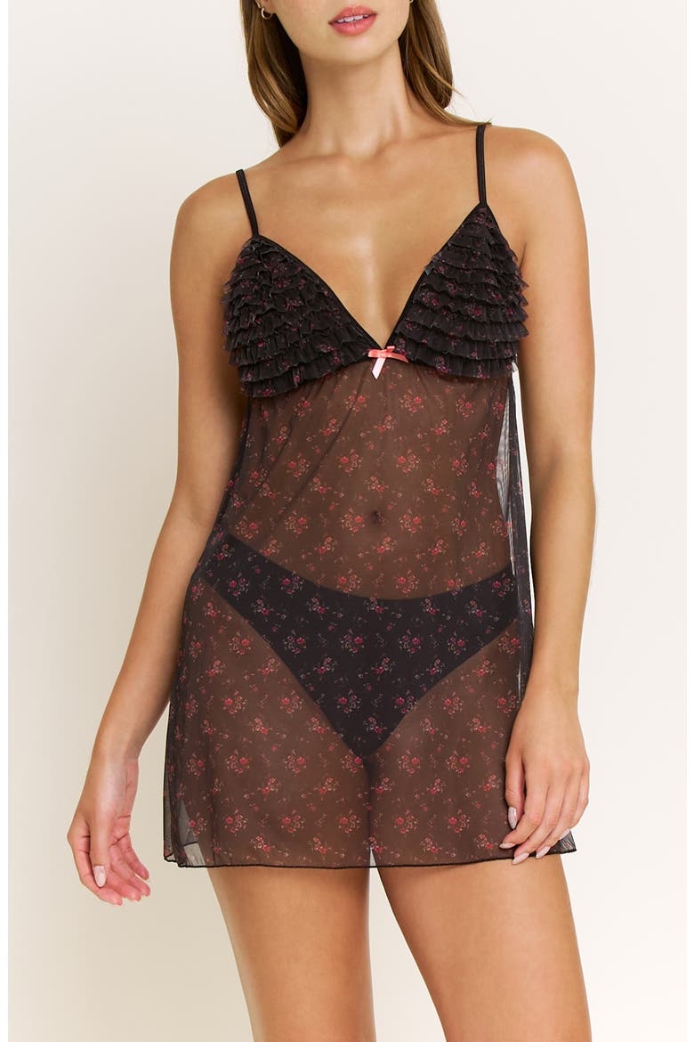Rumba Floral Ruffle Sheer Chemise, Main, color, BLACK DITSY