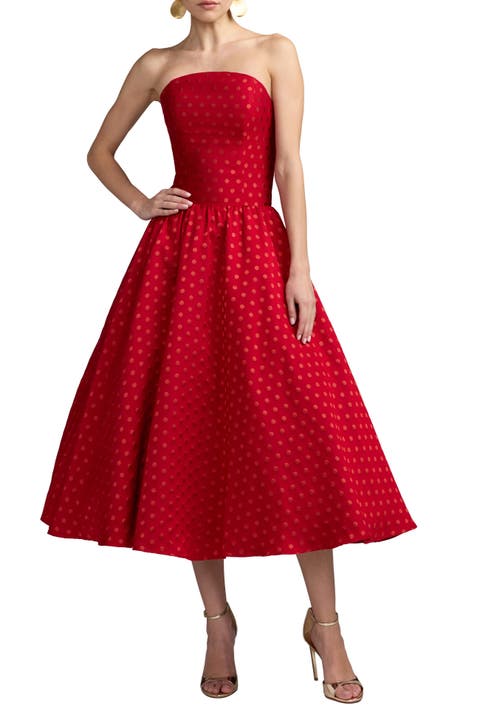 Strapless Dropwaist Polka Dot Brocade Midi Dress