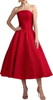 Mac Duggal Strapless Dropwaist Polka Dot Brocade Midi Dress