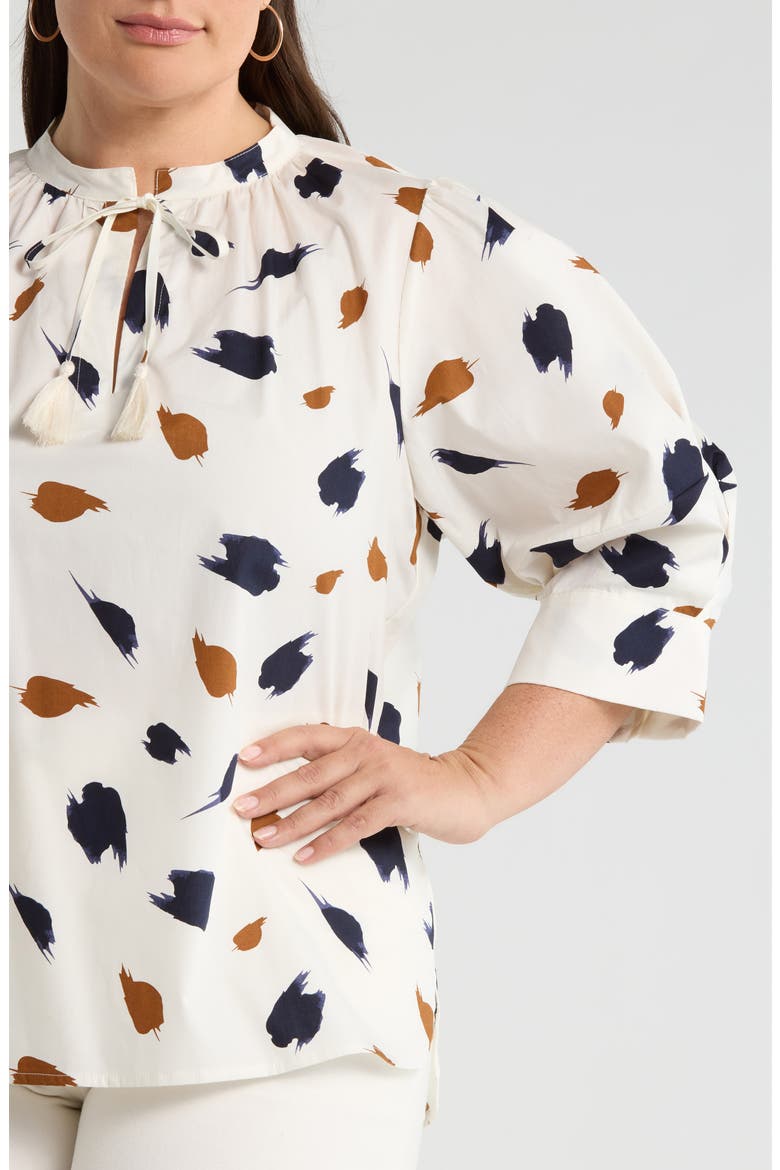 Devania Brush Irina Tie Split Neck Top, Alternate, color, IVORY/ NAVY-MULTI