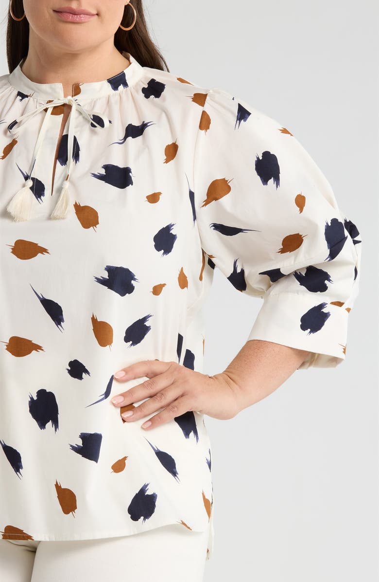 SUGARLIPS Devania Brush Irina Tie Split Neck Top, Alternate, color, Ivory/ Navy-Multi