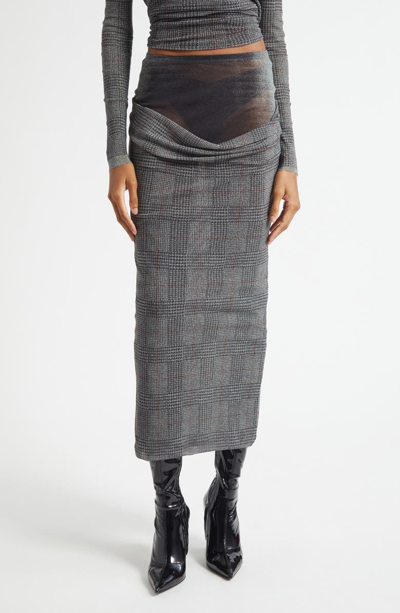 Jean Paul Gaultier Double Layer Prince of Wales Print Mesh Midi Skirt, Main, color, Light Grey/ Vanilla/ Red