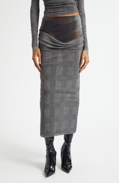 Double Layer Prince of Wales Print Mesh Midi Skirt