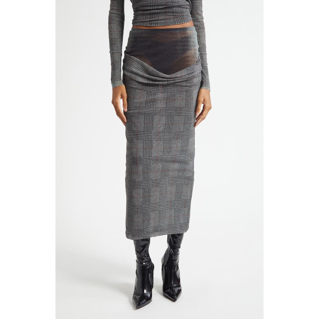 Jean Paul Gaultier Double Layer Prince Of Wales Print Mesh Midi Skirt In Gray