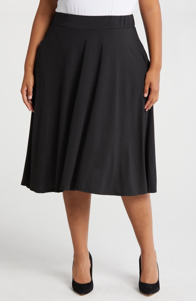 24seven Comfort Apparel Flowy Jersey Midi Skirt, Main, color, Black