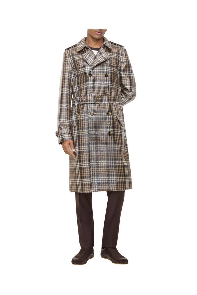 Long Check Coated Raffia-effect Foxfield Trench Coat, Alternate, color, Chalk white/truffle brown