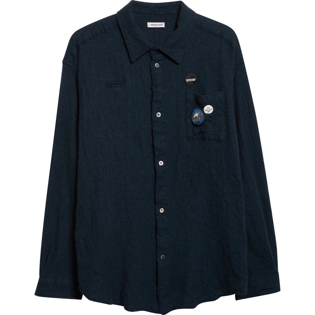 Undercover Embroidered Patch Felted Wool Button-up Shirt In Blue