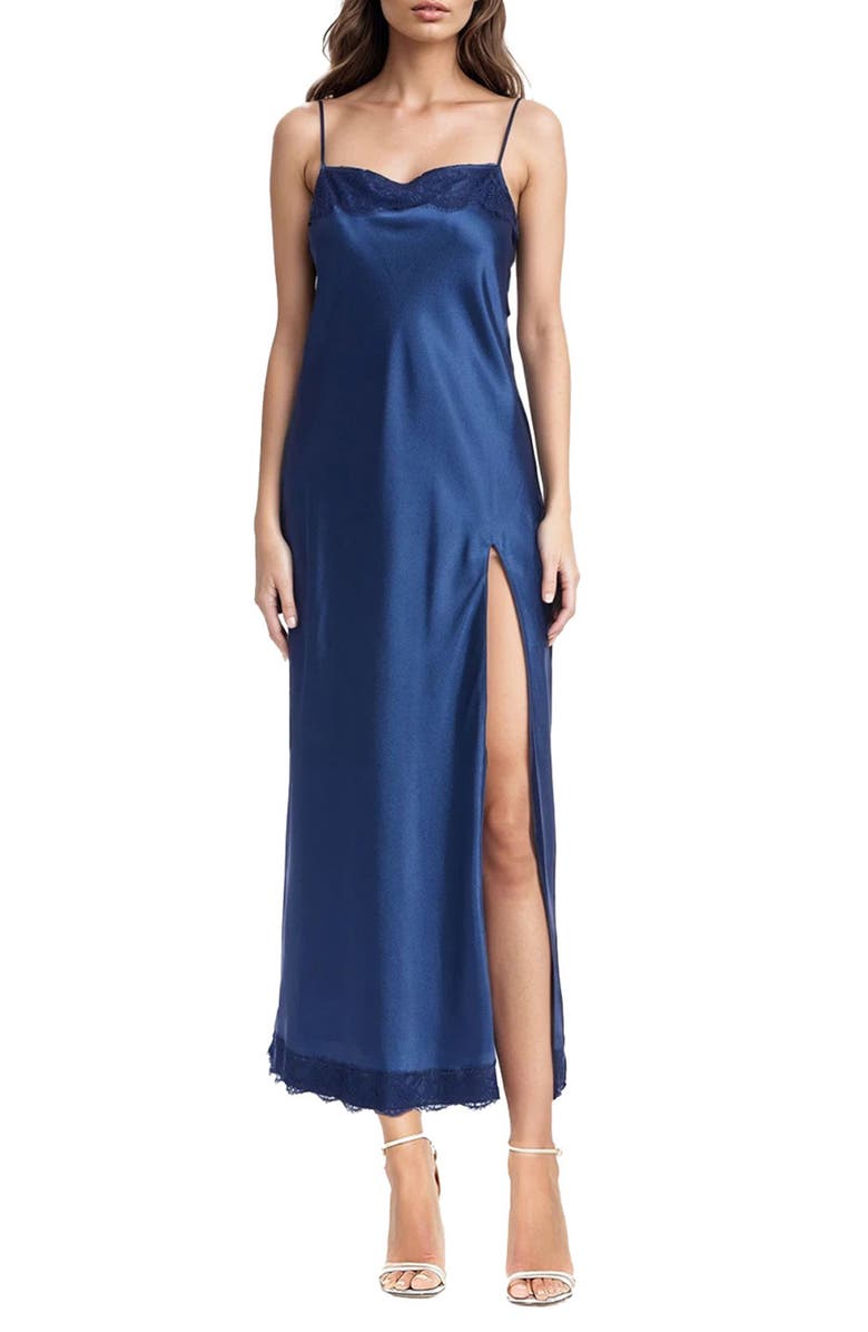 Jewel Badgley Mischka Lace Trim Maxi Slipdress, Main, color, Midnight