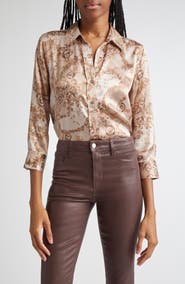 L'AGENCE Dani Lace Print Three-Quarter Sleeve Silk Button-Up Shirt