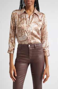 L'AGENCE Dani Lace Print Three-Quarter Sleeve Silk Button-Up Shirt