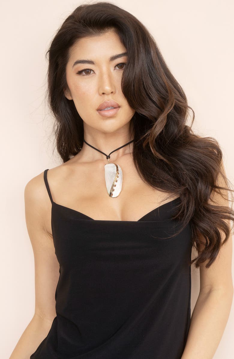 Ettika Shell Pendant Faux Suede Cord Necklace, Alternate, color, Black/ Ivory