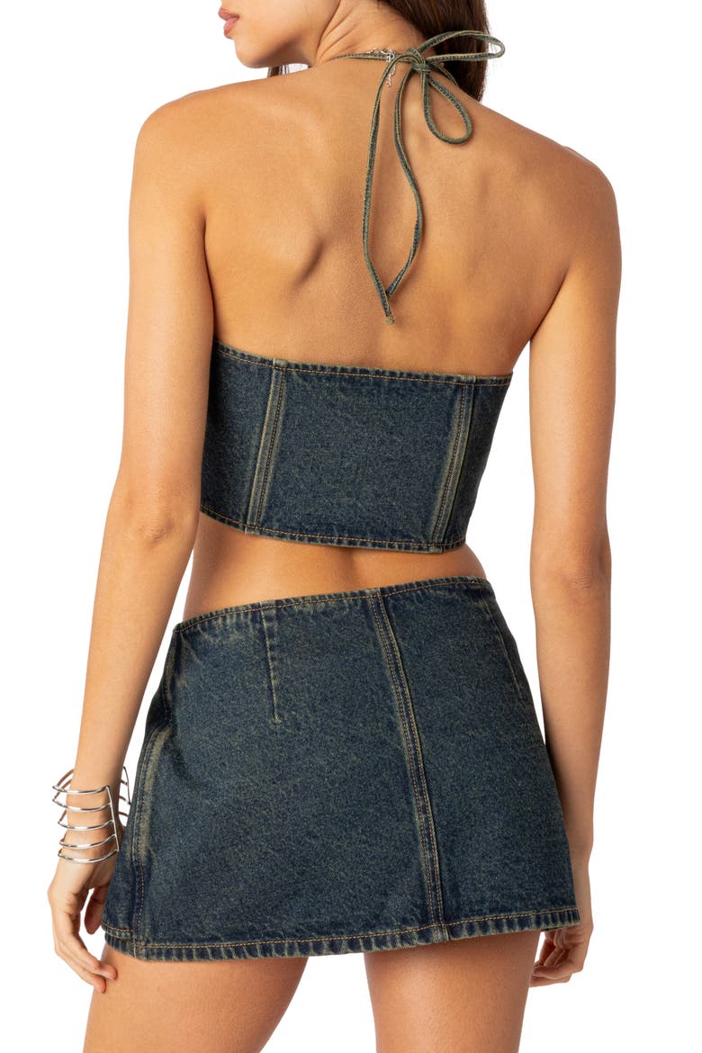 Elara Lace-Up Denim Corset Halter Top, Alternate, color, BLUE