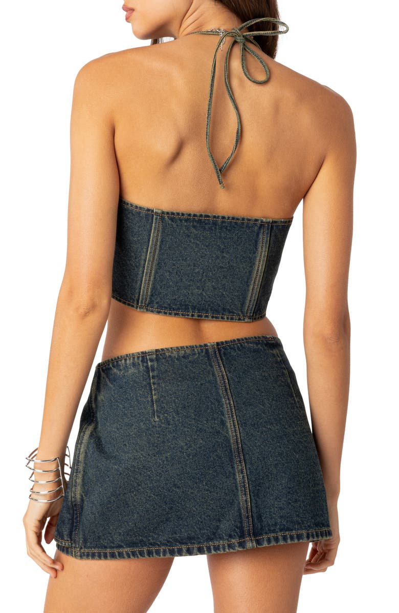 EDIKTED Elara Lace-Up Denim Corset Halter Top, Alternate, color, Blue