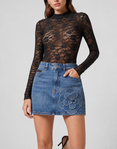 Denim Mini Skirt Rose Strass Women