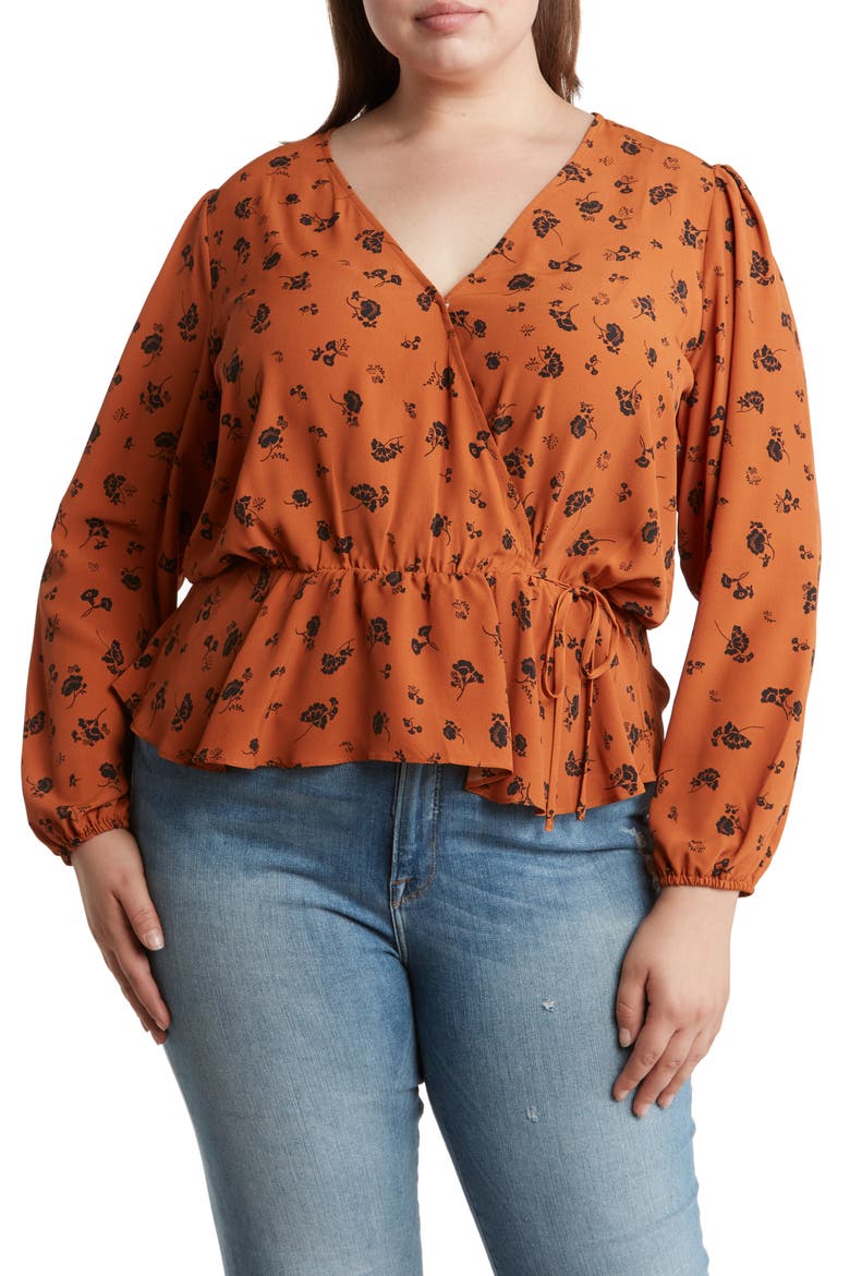 Surplice Tie Waist Long Sleeve Floral Print Top, Main, color, RUST- BLACK BELLE FLEUR