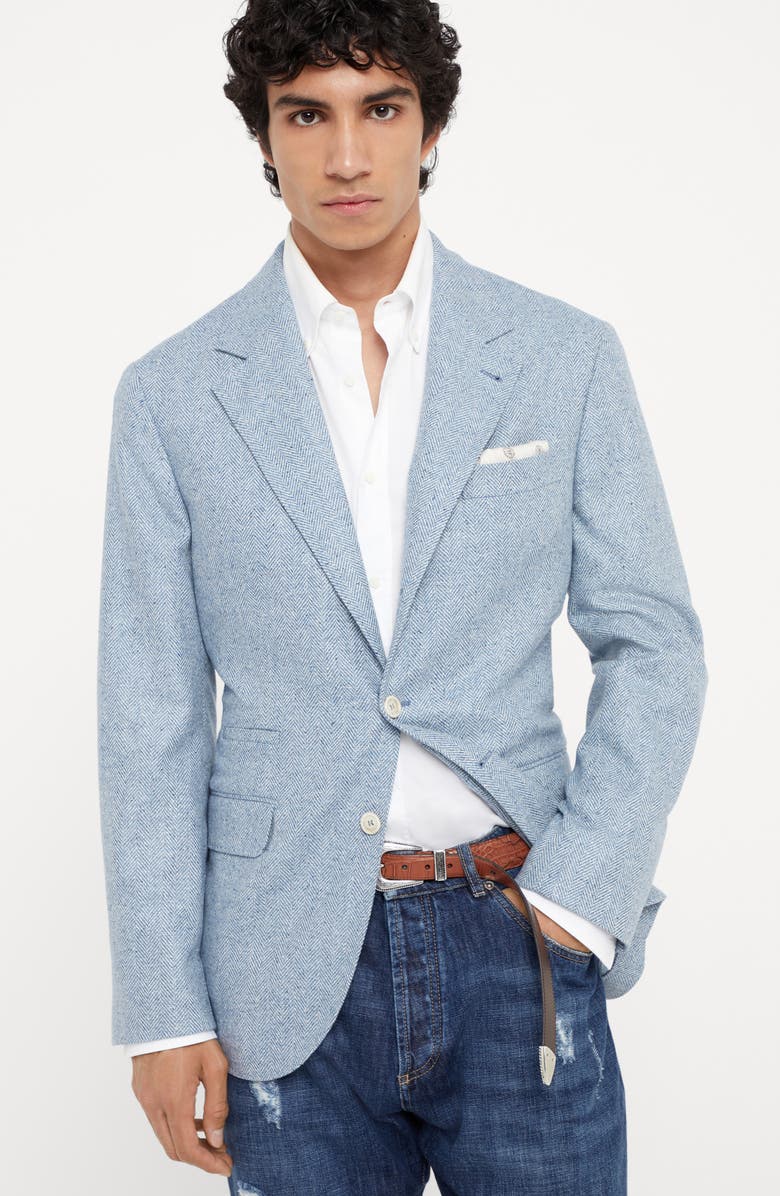 Brunello Cucinelli Flecked wool, silk and cashmere comfort chevron deconstructed blazer, Alternate, color, 