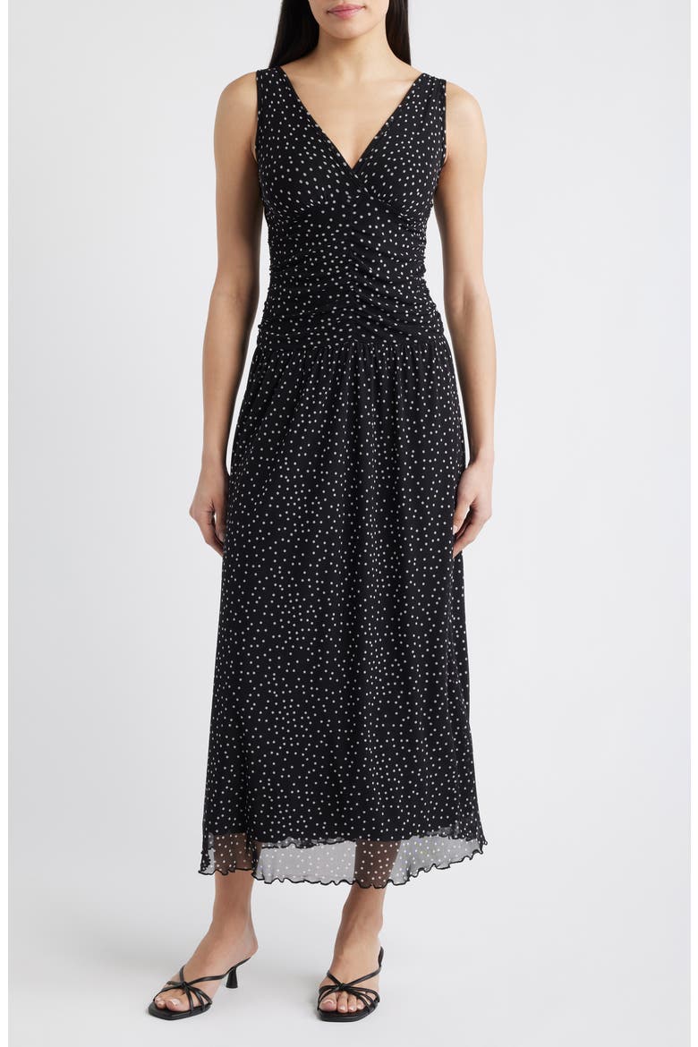 Polka Dot Ruched Mesh Maxi Dress, Main, color, BLACK