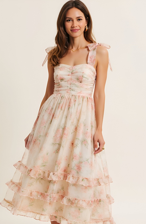 Modenaire Floral Tie-shoulder Ruched Bodice Tiered Midi Dress In Neutral