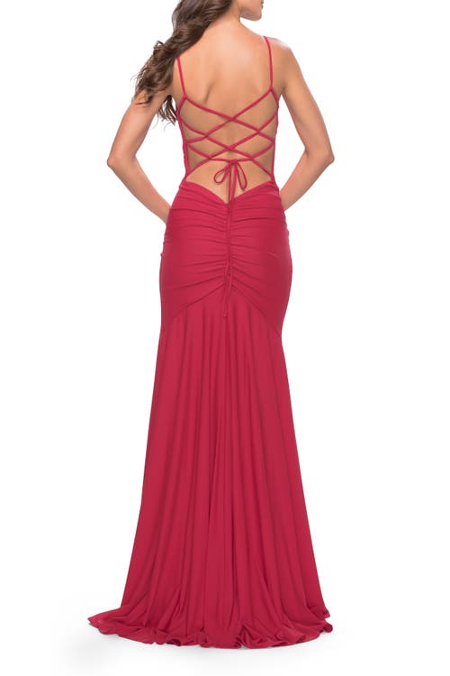La Femme Long Jersey Versatile Dress With Ruched Zipper In Red