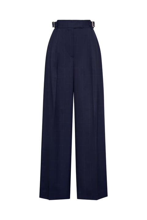 Window Plaid Wool Wide Leg Trousers