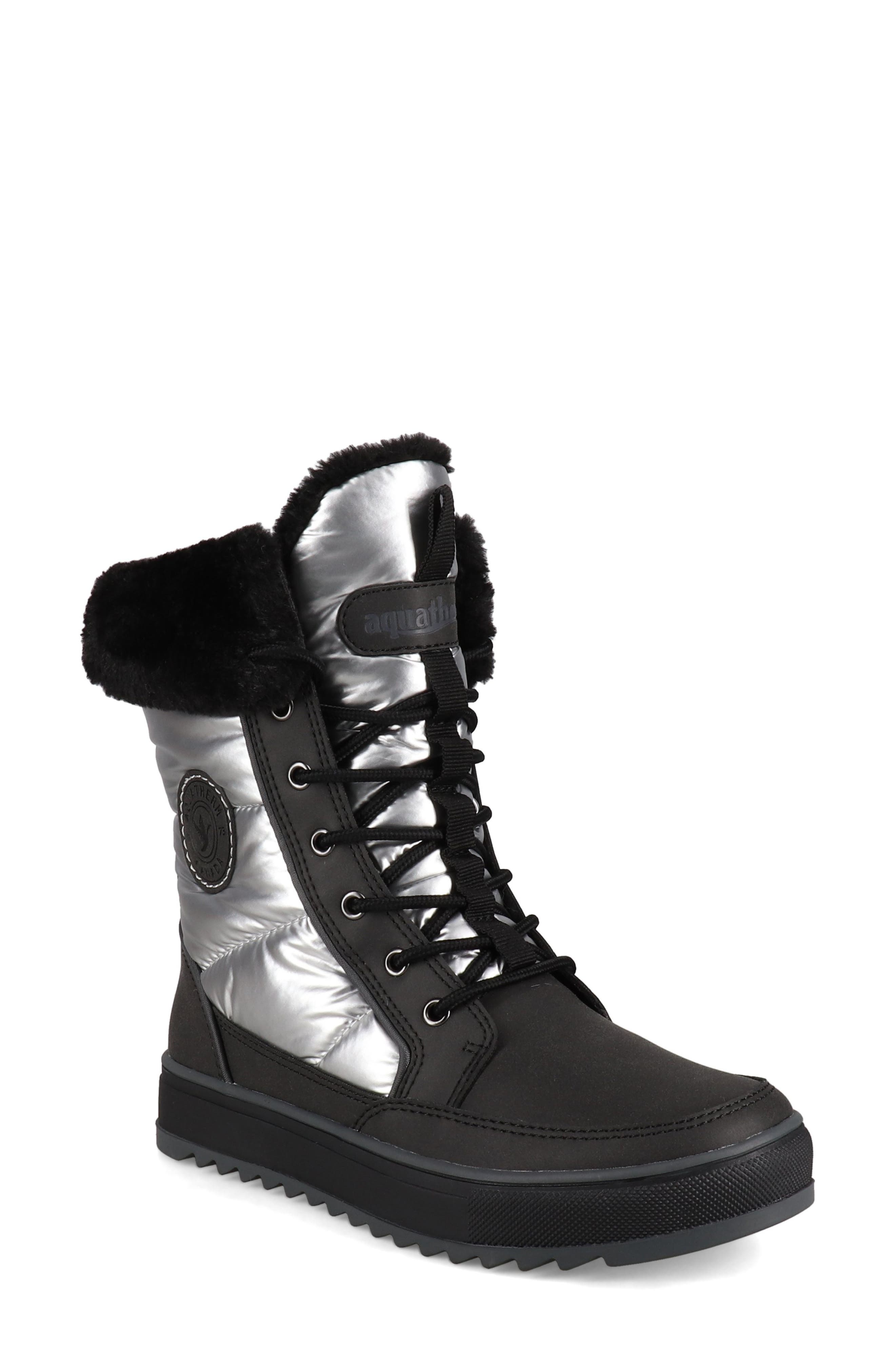AQUATHERM BY SANTANA CANADA Minden Metallic Faux Fur Lined Lace-Up Boot, Main, color, Black / Silver