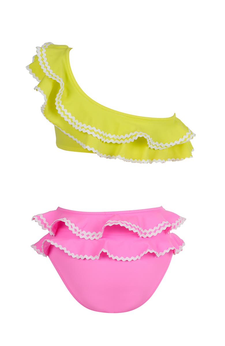 NESSI BYRD Neon One-Shoulder Multi-Ruffle Two-Piece Bikini, Alternate, color, Multicolor