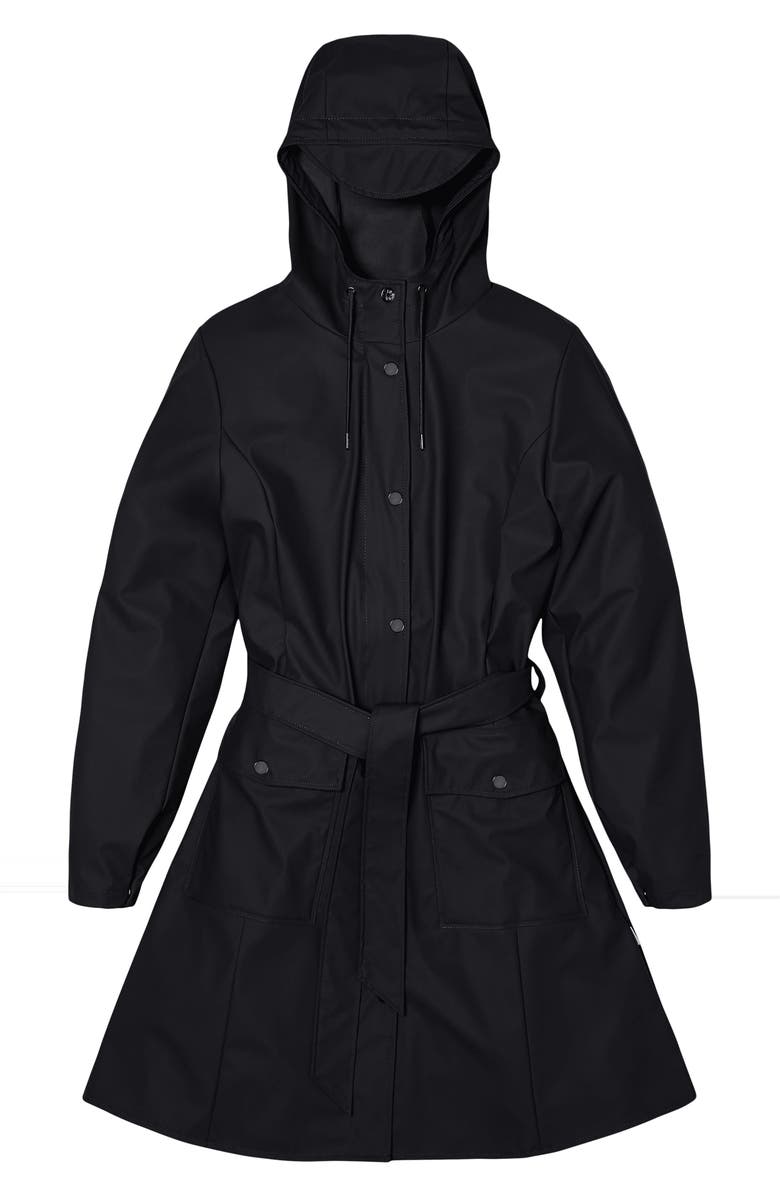 Rains Curve Waterproof Belted Jacket, Alternate, color, Black