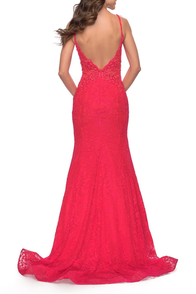 Long Mermaid Lace Dress with Back Rhinestone Detail, Alternate, color, Hot Coral