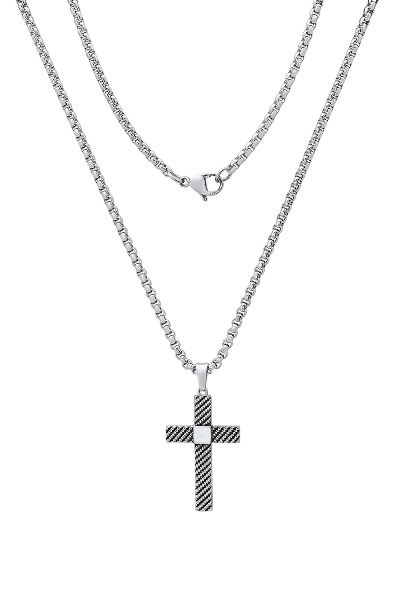 HMY JEWELRY Men's Stainless Steel Textured Cross Pendant Necklace