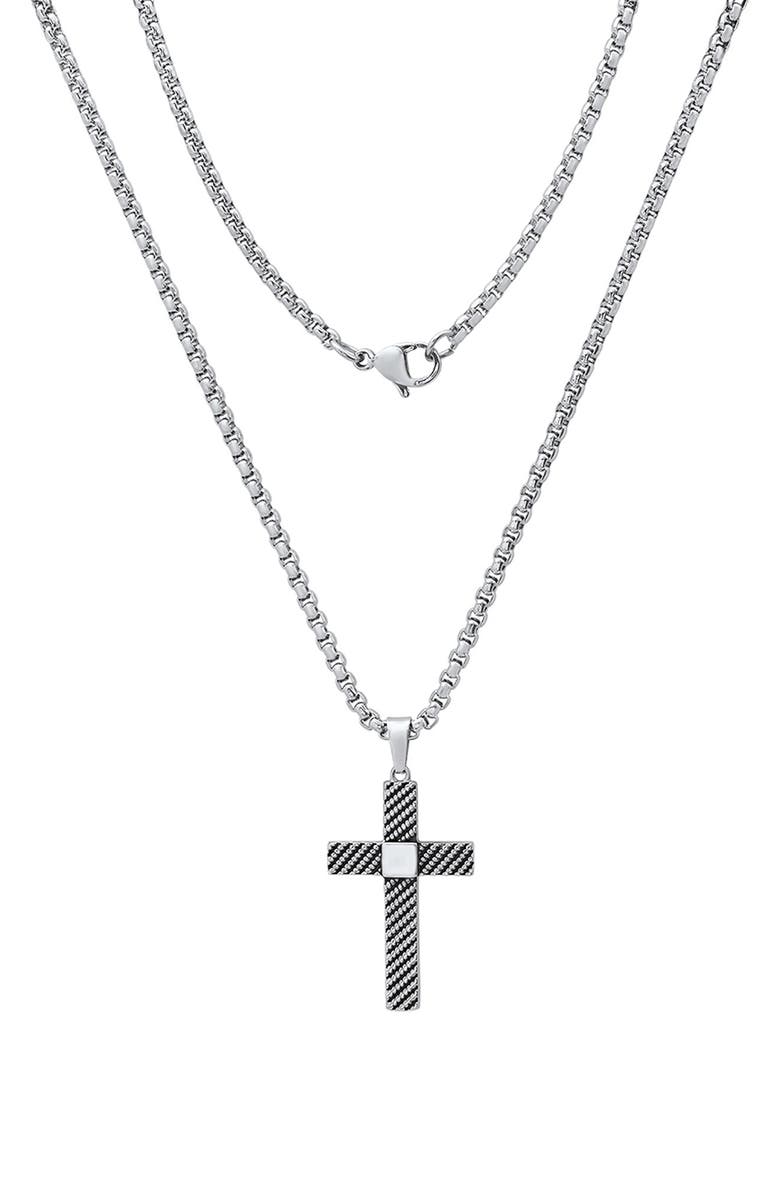 HMY JEWELRY Men's Stainless Steel Textured Cross Pendant Necklace, Main, color, Silver