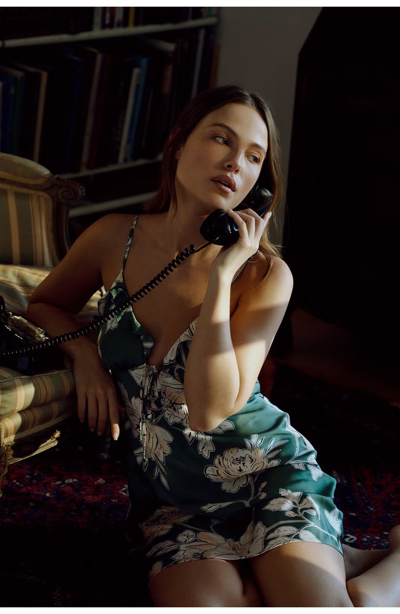 Midnight Bakery Fiji Floral Print Ruffle Trim Satin Chemise, Alternate, color, 