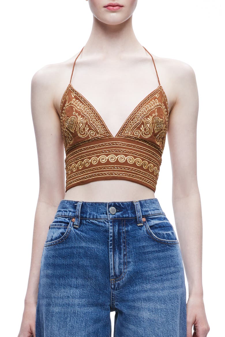 Carli Beaded Embroidered Halter Bra Top, Main, color, CAMEL/GOLD