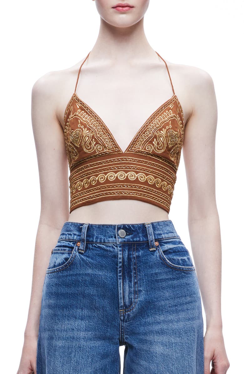 Alice + Olivia Carli Beaded Embroidered Halter Bra Top, Main, color, 