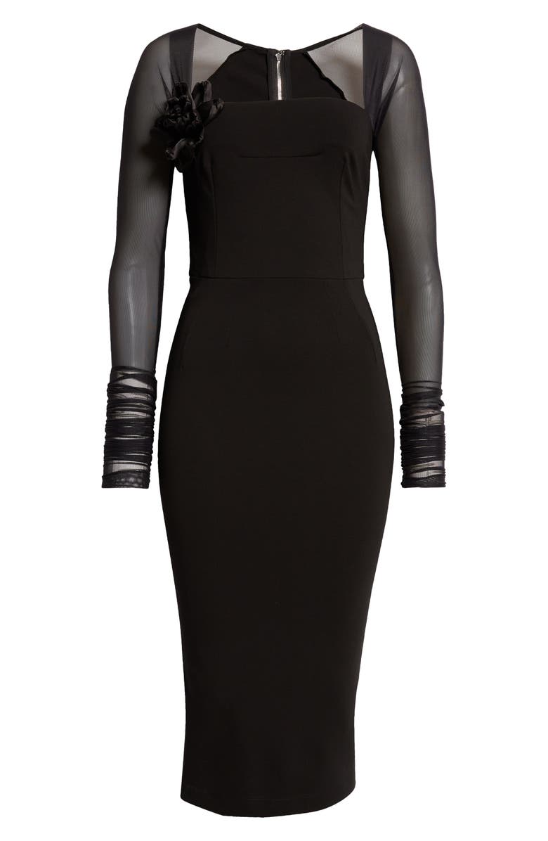 Dolce&Gabbana Rose Detail Long Sleeve Tulle & Jersey Midi Dress, Alternate, color, 